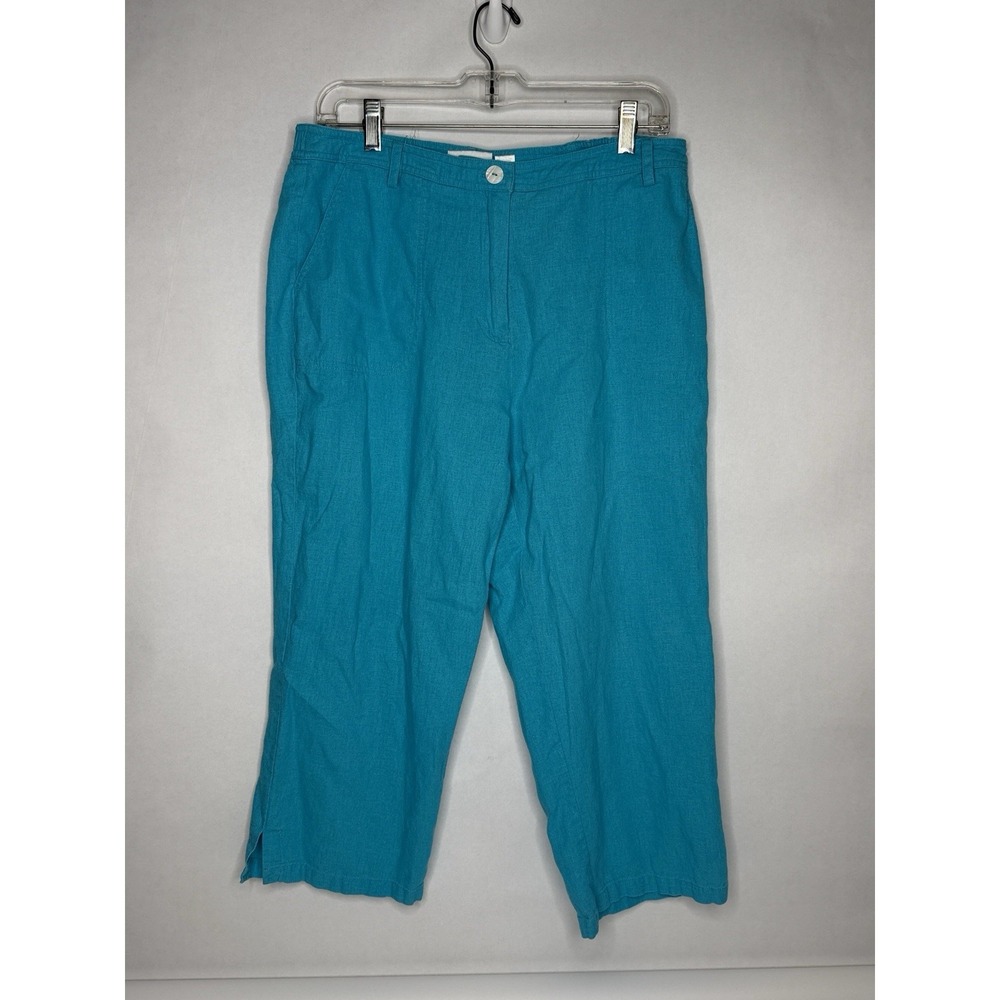 Erin London Pants Womens 12 Teal Linen‎ Rayon Cropped Pull On Textured Capri